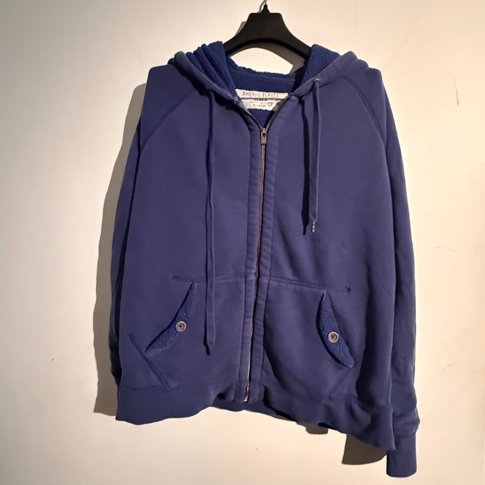 J.Crew Sherpa Fleece Lined Hoodie XL Full Zip Blue 100% Cotton